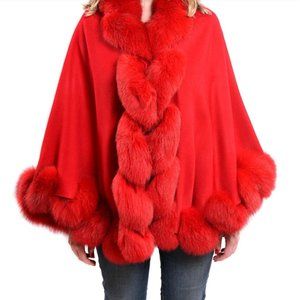 RED 100 % Cashmere shawl with fox fur trim